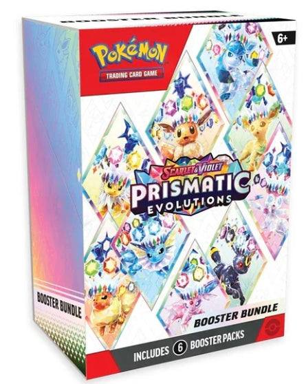 Pokemon Prismatic Evolutions Booster Bundle, featuring Eevee and evolutions, 6 packs, colorful design.