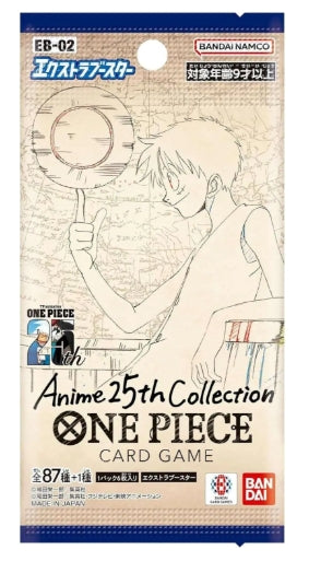 One Piece EB-02 Extra Booster Pack featuring original illustrations, Anime 25th Collection design.