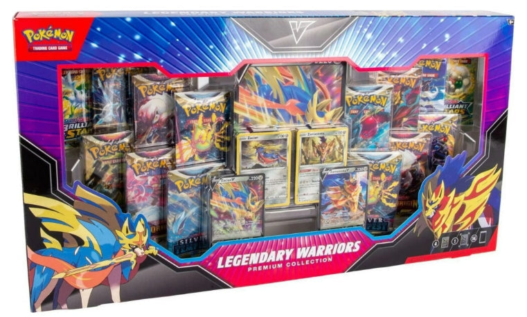 Pokemon TCG Legendary Warriors Premium Collection with Zacian V, Zamazenta V foil cards and booster packs.