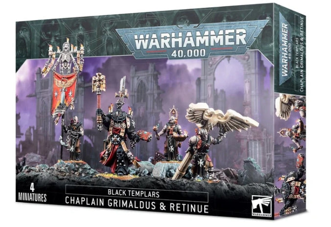 Grimaldus & Retinue Black Templars model kit box featuring Chaplain Grimaldus and Cenobyte Servitors.