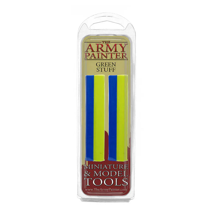 The Army Painter Green Stuff packaging with blue and yellow putty for model making and sculpting.