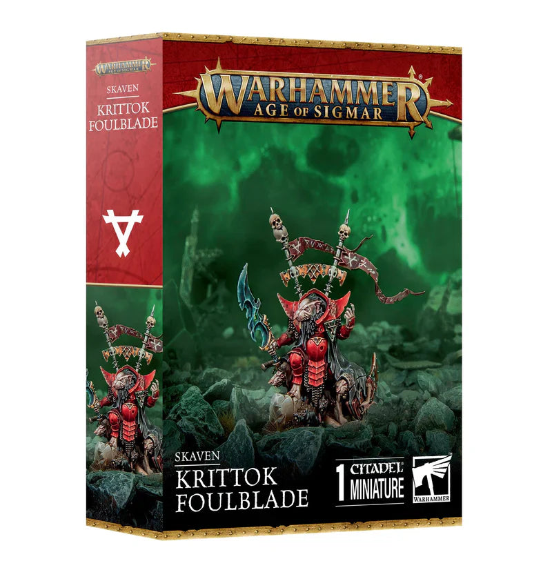 Krittok Foulblade Skaven miniature kit packaging with vibrant artwork.