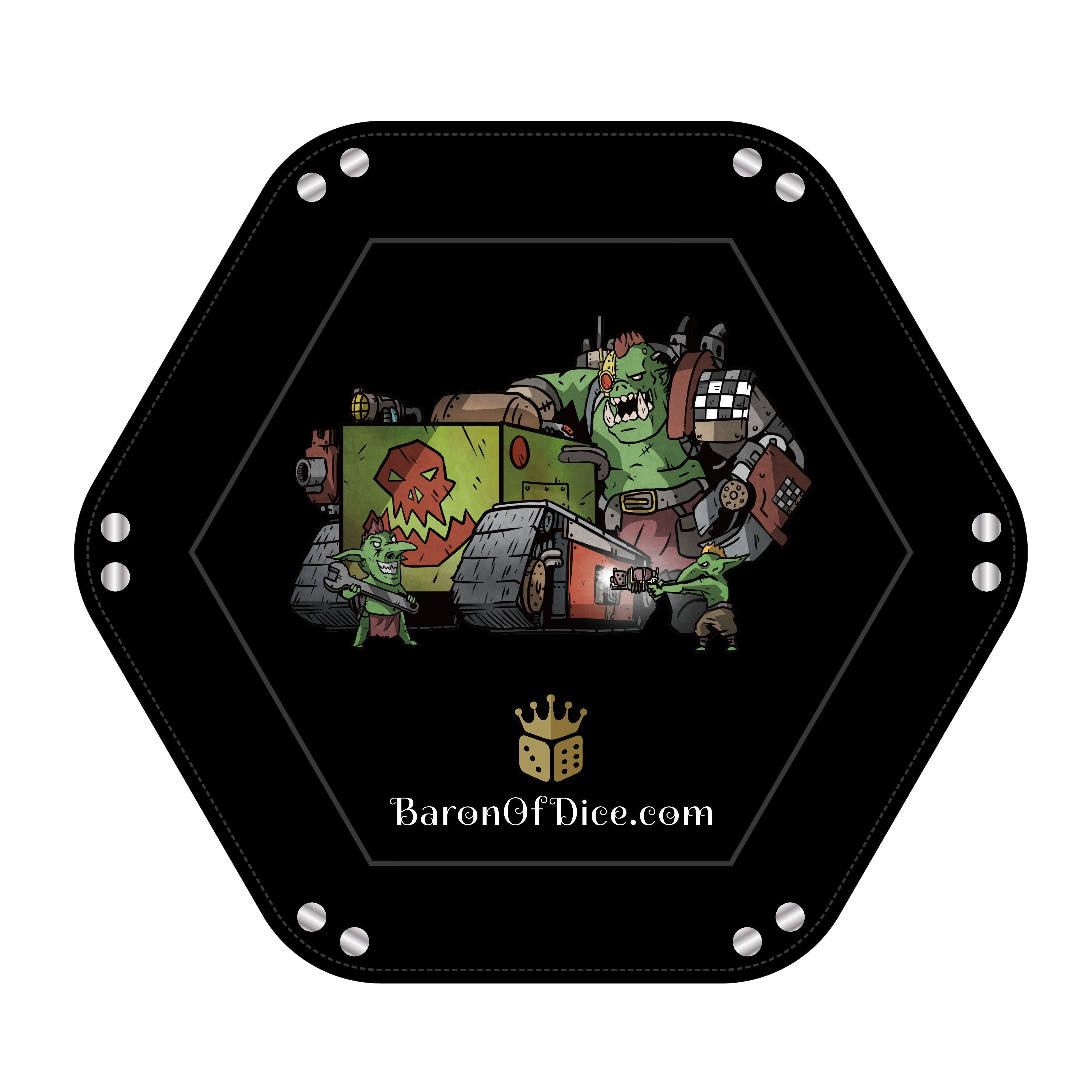 Orc Tank Premium Dice Tray by Baron of Dice — 10 by 11 inch PU leather tray with a screen-printed Orc Tank design