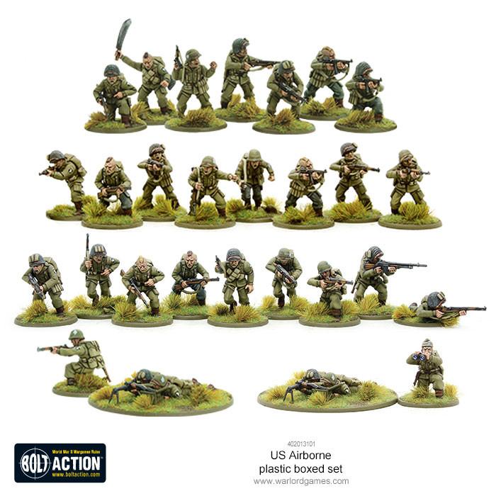 Bolt Action US Airborne Late WWII Paratroopers miniatures set on display.