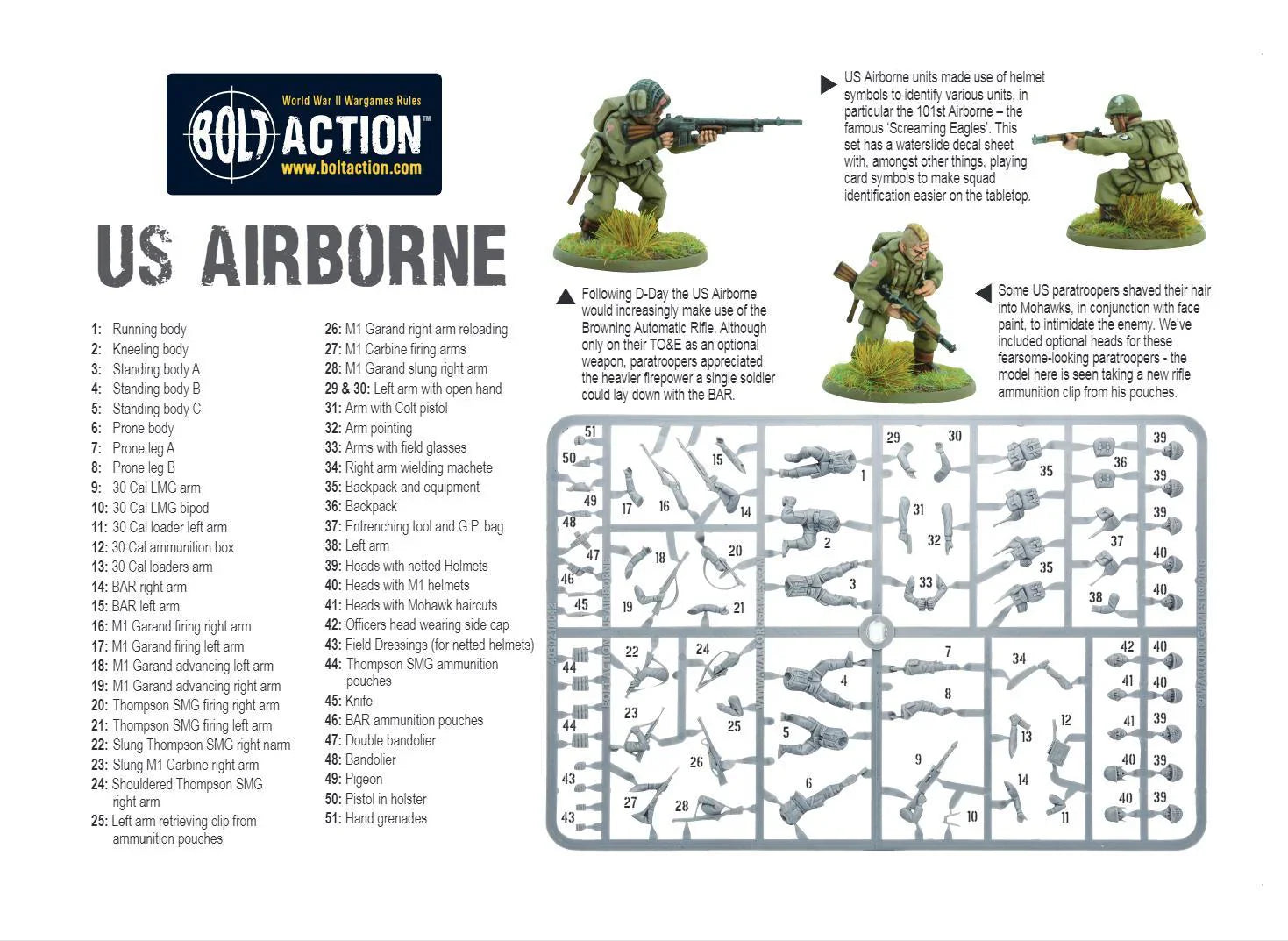 Bolt Action US Airborne Late WWII Paratroopers miniatures with M-1943 uniforms and weapon options.