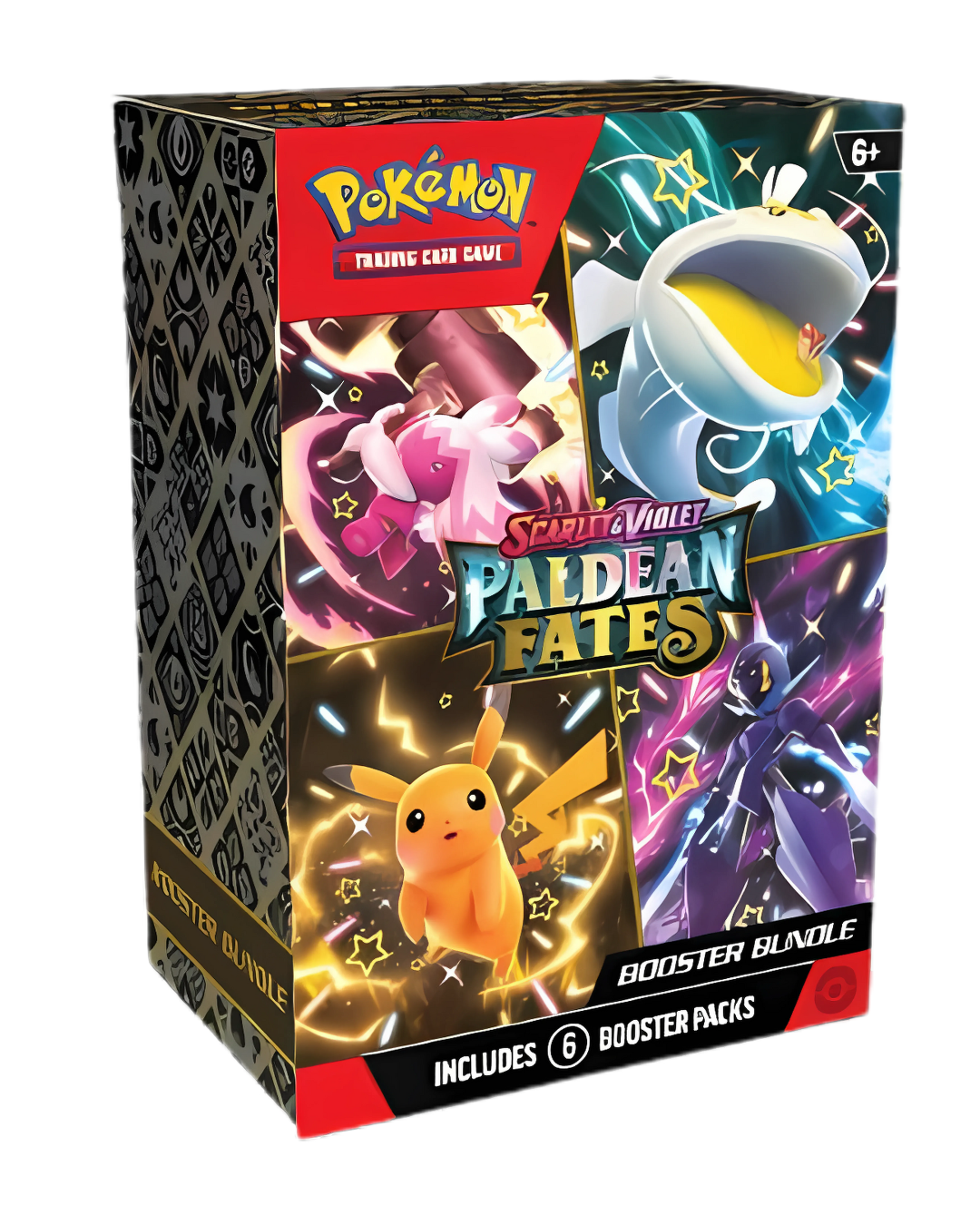 Paldean Fates Booster Bundle featuring Shiny Pokémon and six booster packs.