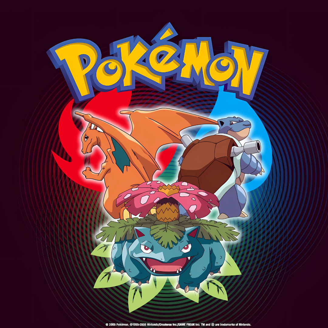 Pokémon logo with four characters on a dark background