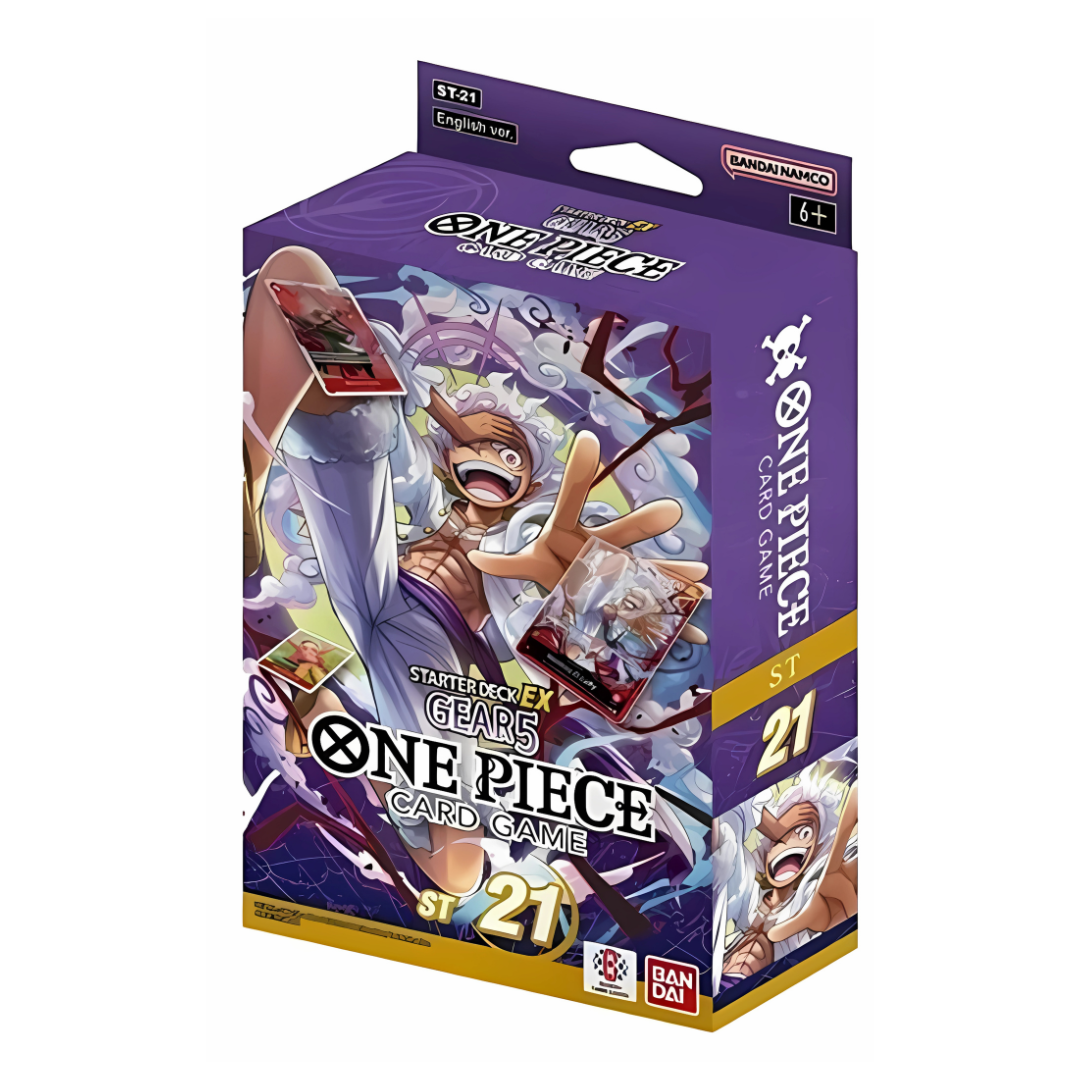 Ultra Deck Ex Gear 5 Display featuring Luffy's GEAR5 form and Straw Hat Crew from One Piece TCG.