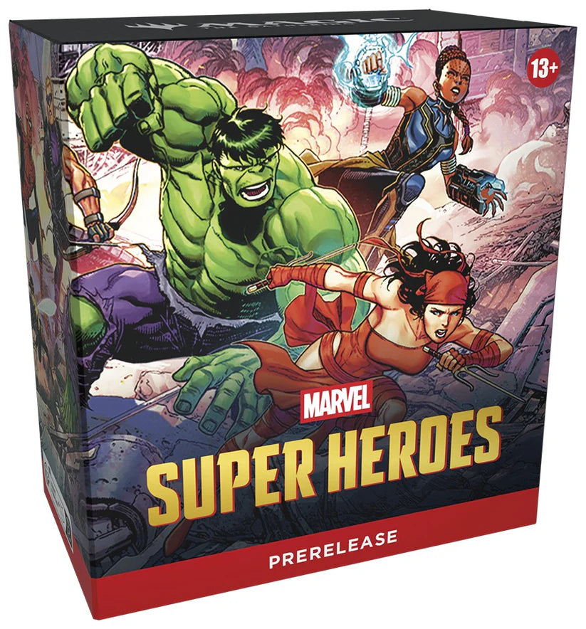 Magic: The Gathering Marvel Super Heroes Pre-Release Box featuring colorful game cards and superhero-themed artwork.