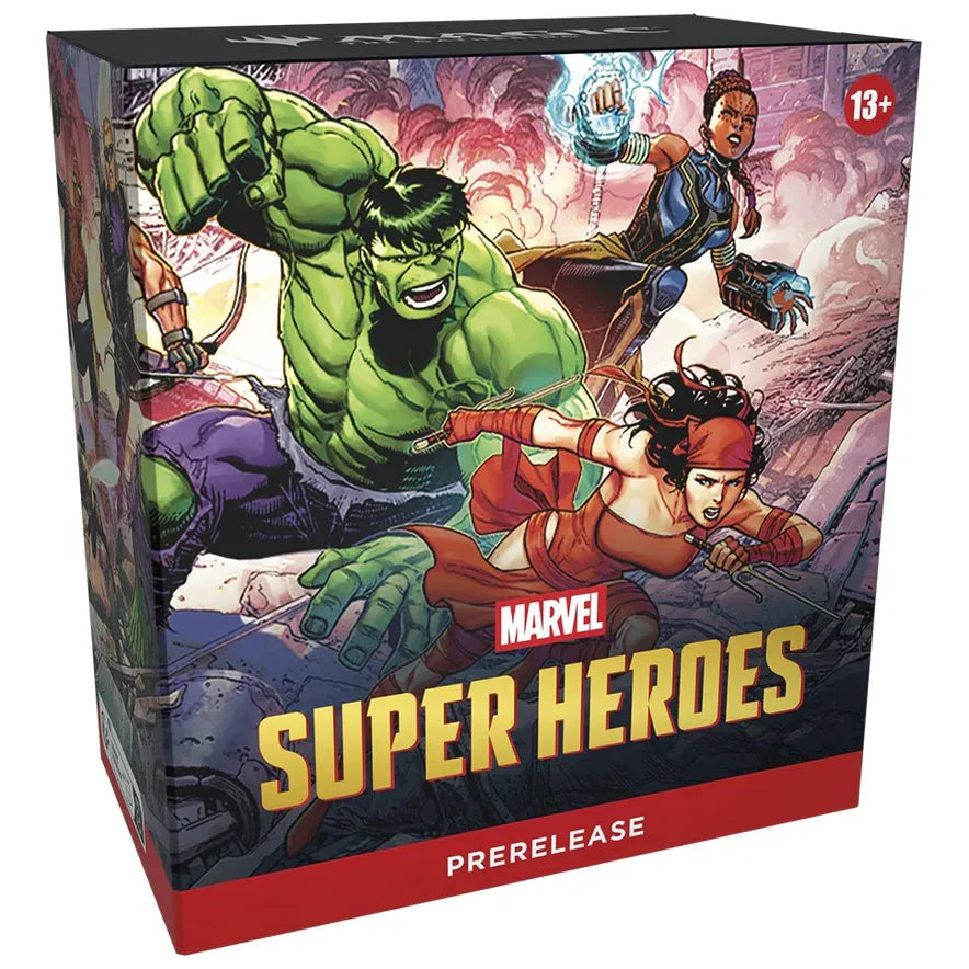 Magic: The Gathering Marvel Super Heroes pre-release box with colorful card art and packaging featuring popular Marvel characters.