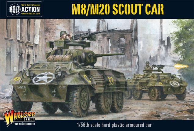 Bolt Action M8/M20 Scout Car model kit, 1/56th scale, World War II armored vehicle.