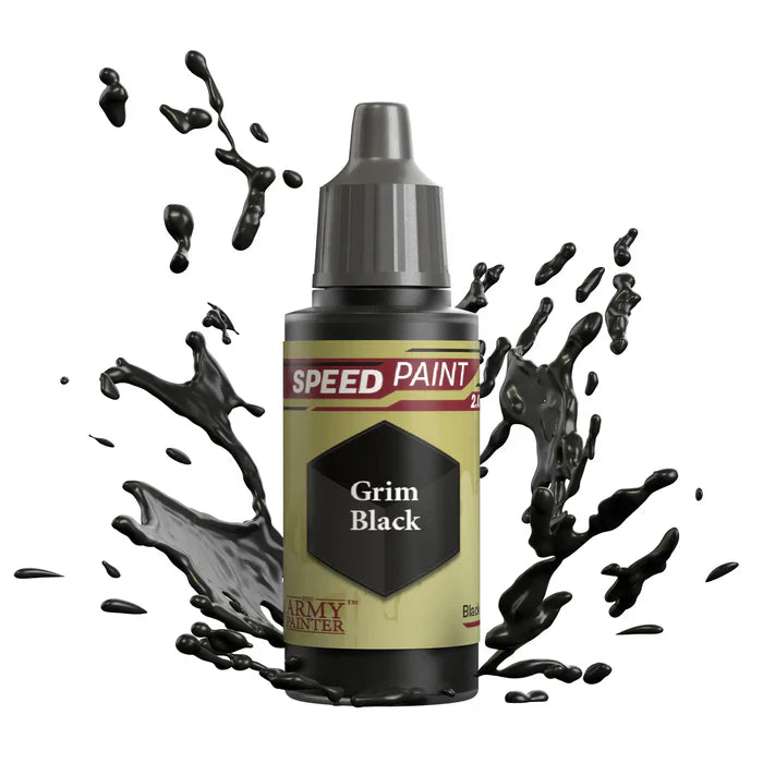The Army Painter Speedpaint Grim Black bottle with splashes, one-coat acrylic paint for miniatures.