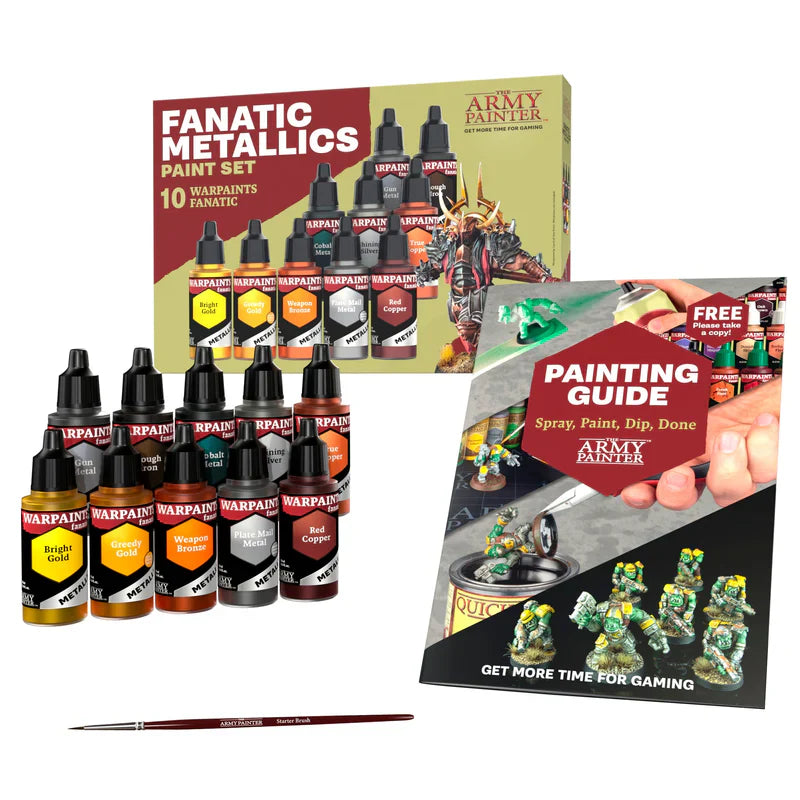 Army Painter Warpaints Fanatic Metallics Set with brush and painting guide.