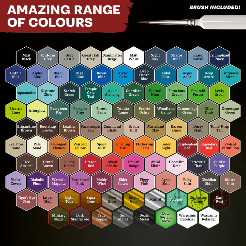 The Army Painter Warpaints Fanatic Wargamers Paint Set with 102 vibrant acrylic paints for miniature painting.
