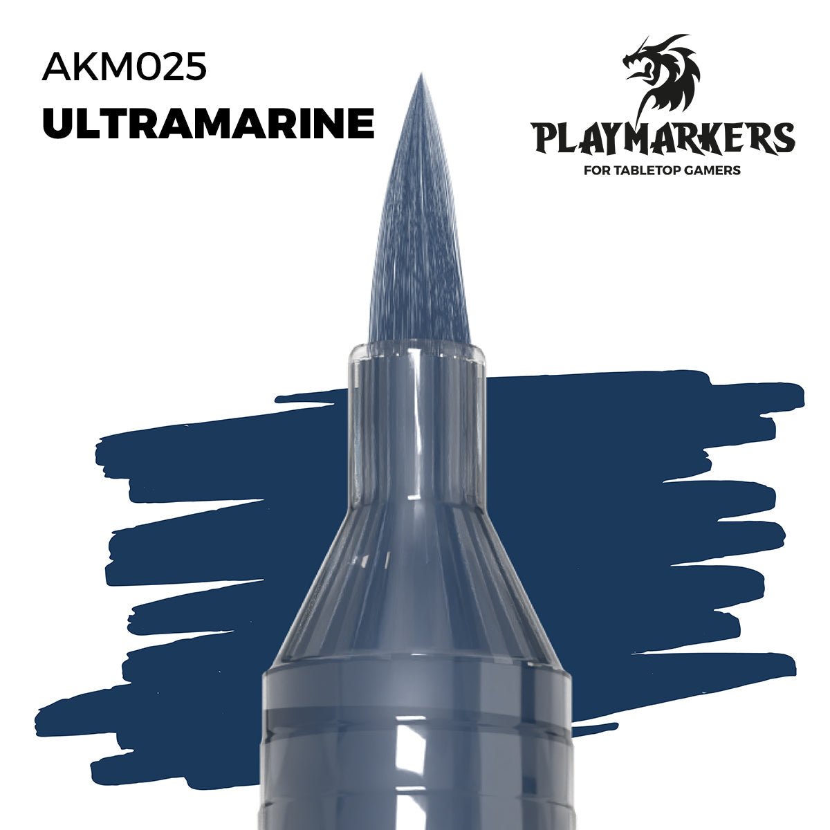 Acrylic paint marker with brush tip for modelers and gamers, fast-drying, water-resistant, suitable for various surfaces with high coverage in ultramarine color.
