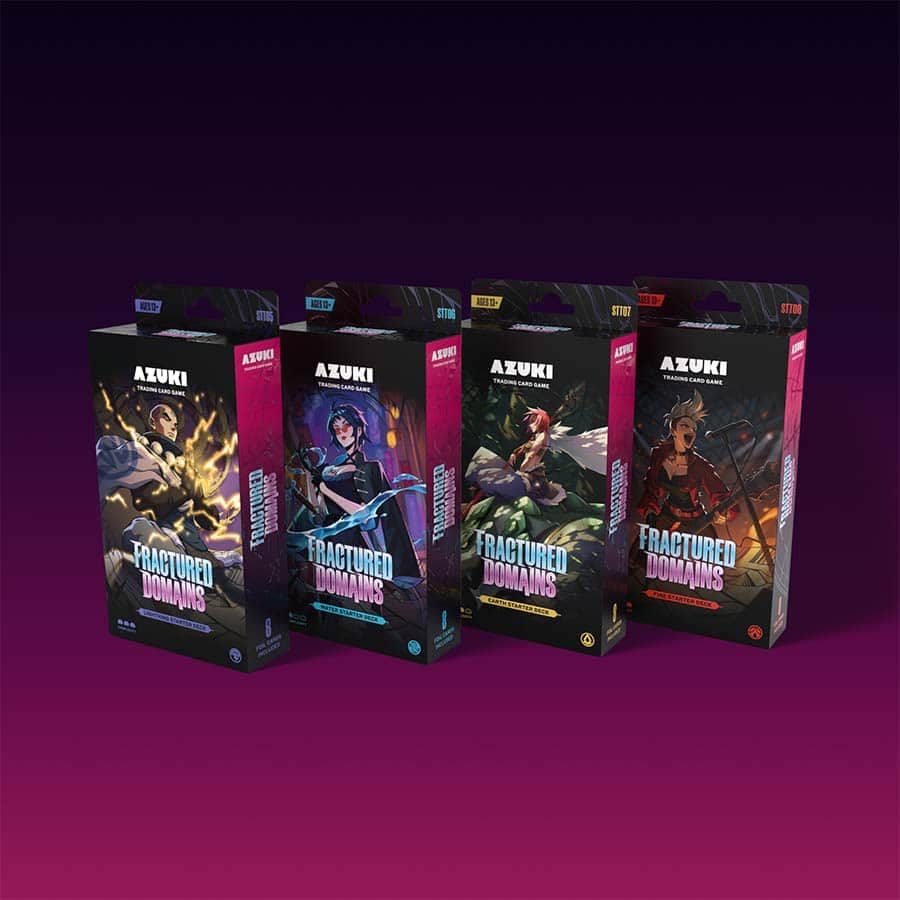 AZUKI TCG Fractured Domains assorted starter deck case with 8 decks from AZUKI LABS INC, featuring colorful trading card game artwork.