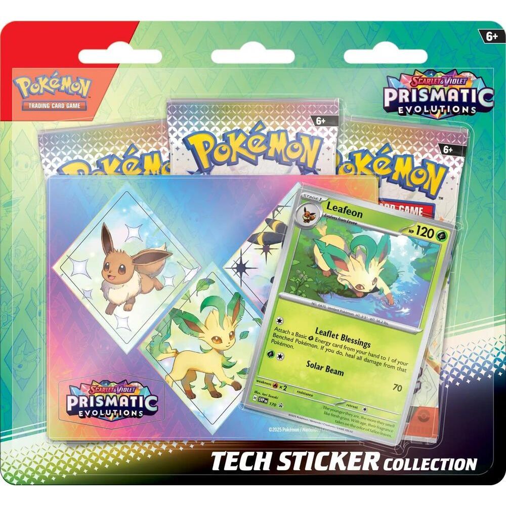 Pokemon: Prismatic Evolutions Tech Sticker Collection with promo card and stickers.
