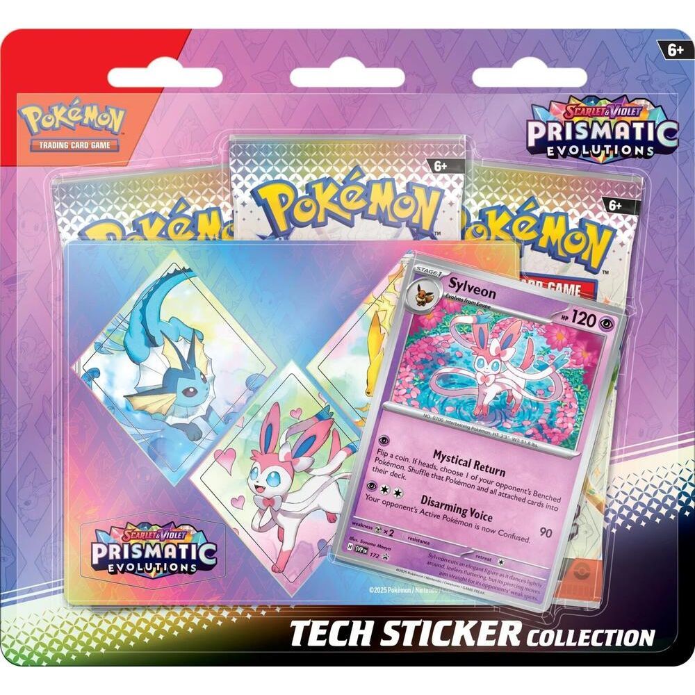 Pokemon: Prismatic Evolutions Tech Sticker Collection with Promo card, Tech sticker, and Prismatic TCG packs.
