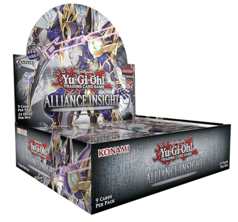 Yu-Gi-Oh! Alliance Insight Booster Display Box with card packs featuring 9 cards per pack and 24 packs per box.