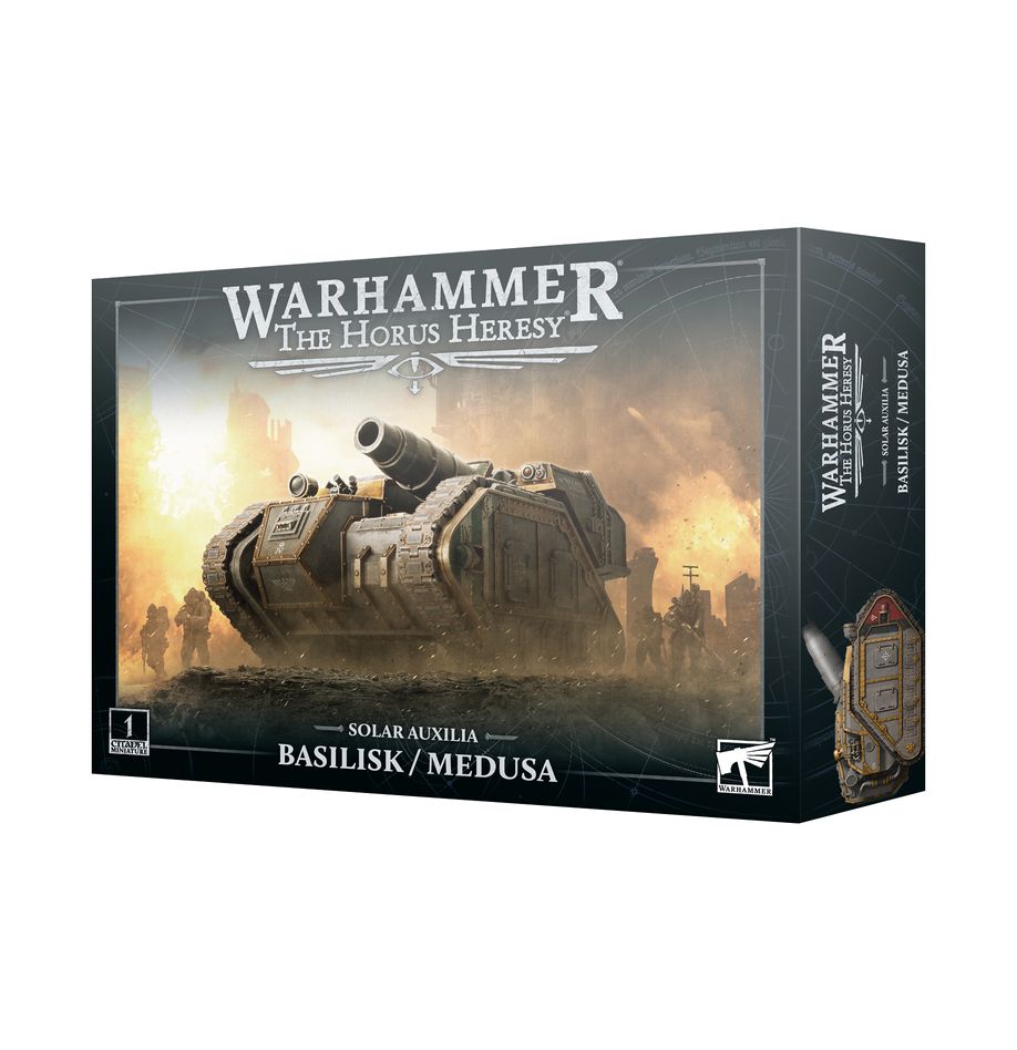 Warhammer: Solar Auxilia Basilisk/Medusa Tank kit in box packaging.