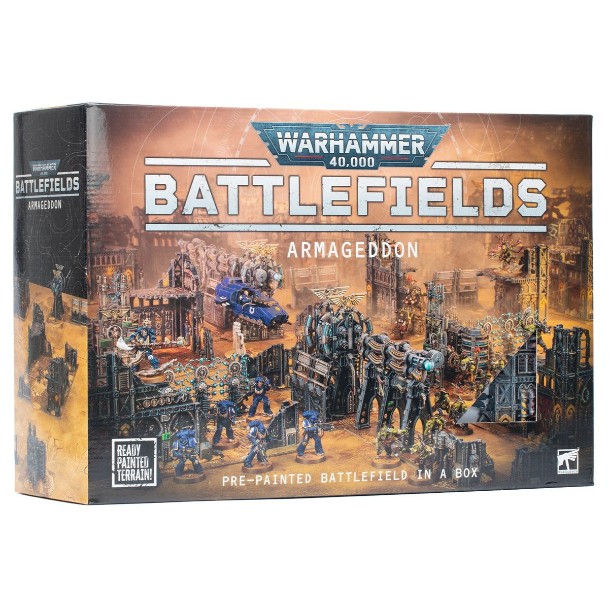 Ready-painted Battlefields: Armageddon terrain set for Warhammer 40K, featuring detailed battlefield scenery and ruined structures.