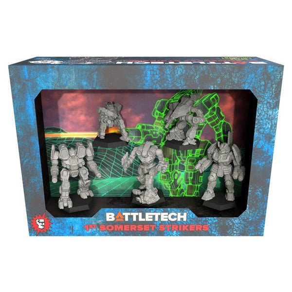 BattleTech: Mercenaries Force Pack Somerset Strikers unpainted miniatures, including Axman, Mauler, Bushwacker, Hatamoto-Chi, and Wolfhound.