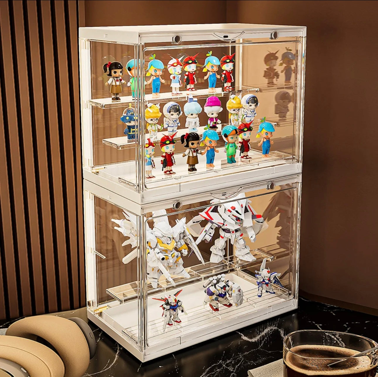 Acrylic action figure display case with LED light, dimensions 11.8" x 6.7" x 9".