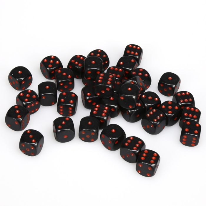 Chessex: d6 Cube 12mm opaque black dice with red pips, set of 36.