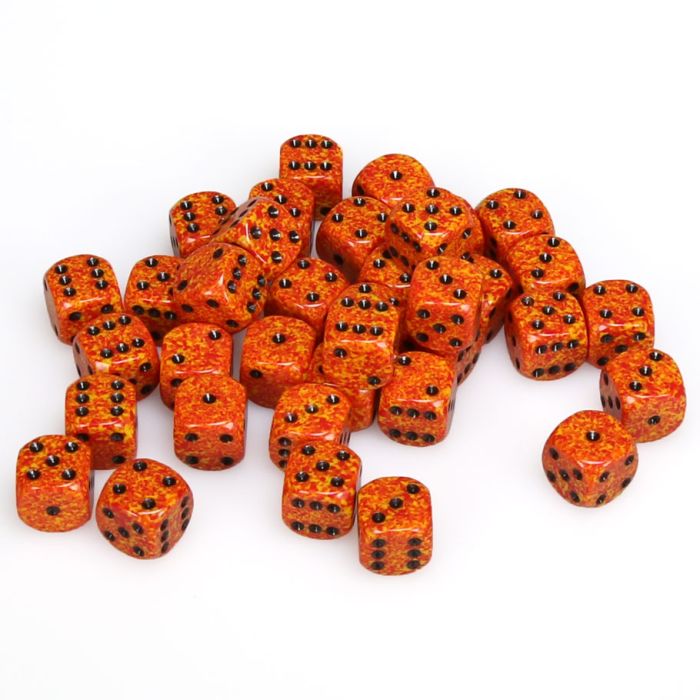 Chessex: d6 Cube 12mm Speckled Fire dice set with black pips, 36 pieces.