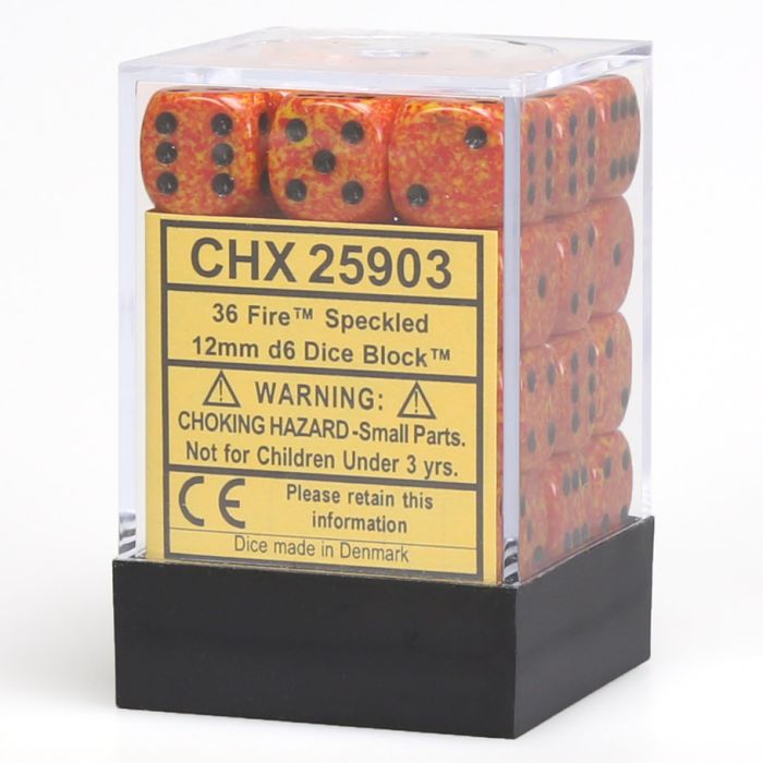 Chessex: d6 Cube 12mm Speckled Fire dice set with 36 black pip dice.