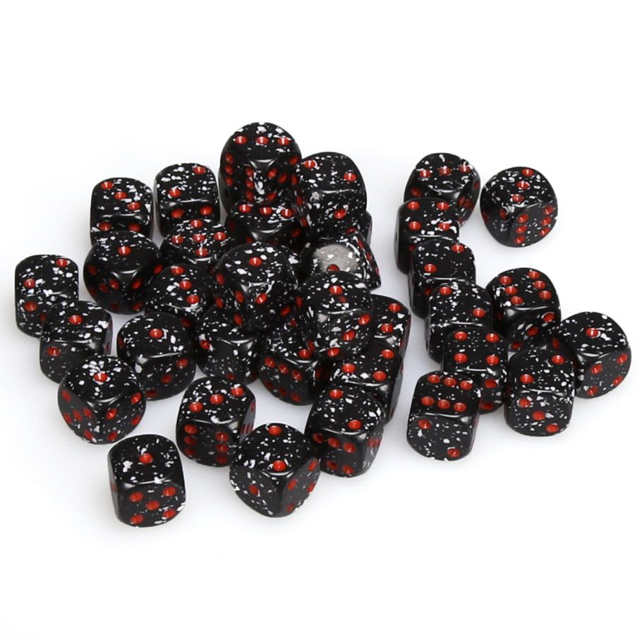Chessex: d6 Cube 12mm Speckled Space dice set, black light reactive, with red pips, 36 pieces.