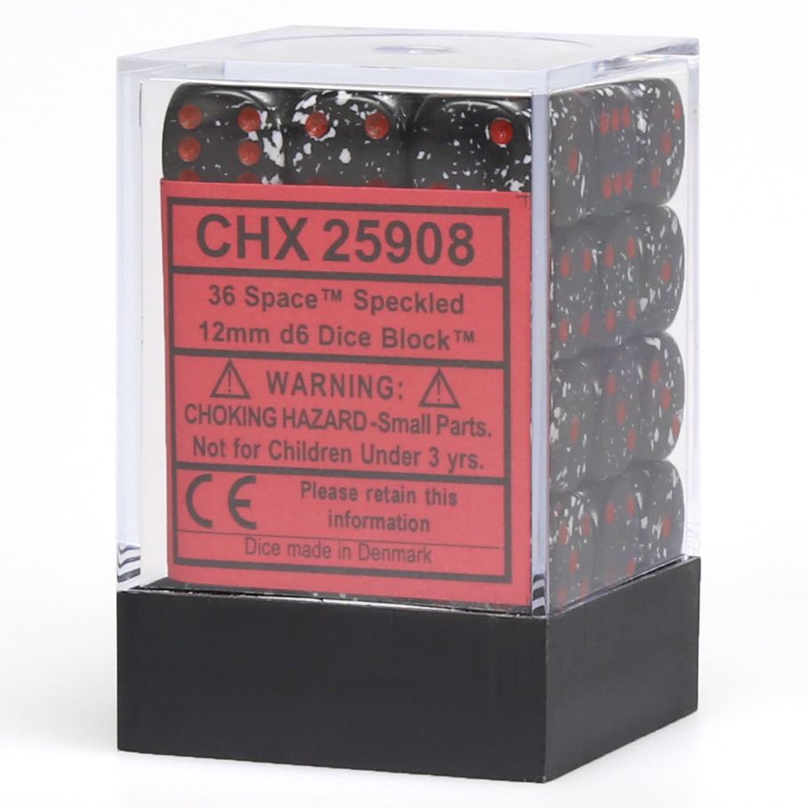 Chessex d6 Cube 12mm Speckled Space dice, black light reactive, 36 pieces.