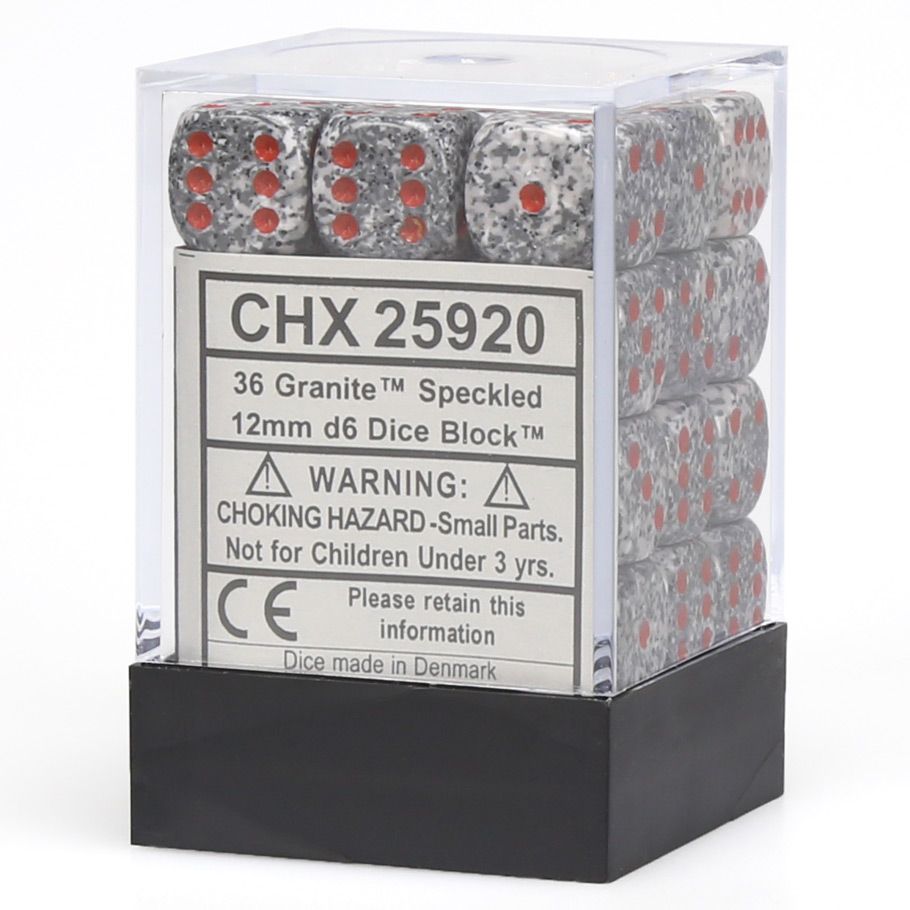 Chessex: d6 Cube 12mm Speckled Granite Dice with Red Pips, 36 Count