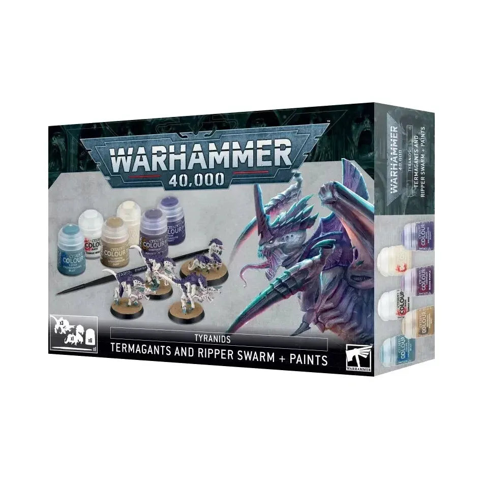 Warhammer 40000 Tyranids Termagants and Ripper Swarm Paint Set with brushes and six Citadel Colour paints.