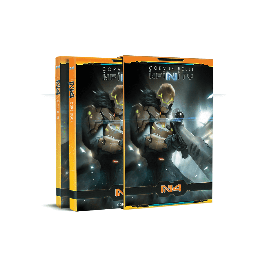 Infinity N4 Core Book & Rule Book with sci-fi cover art and slipcase, featuring improved rules and new troops.