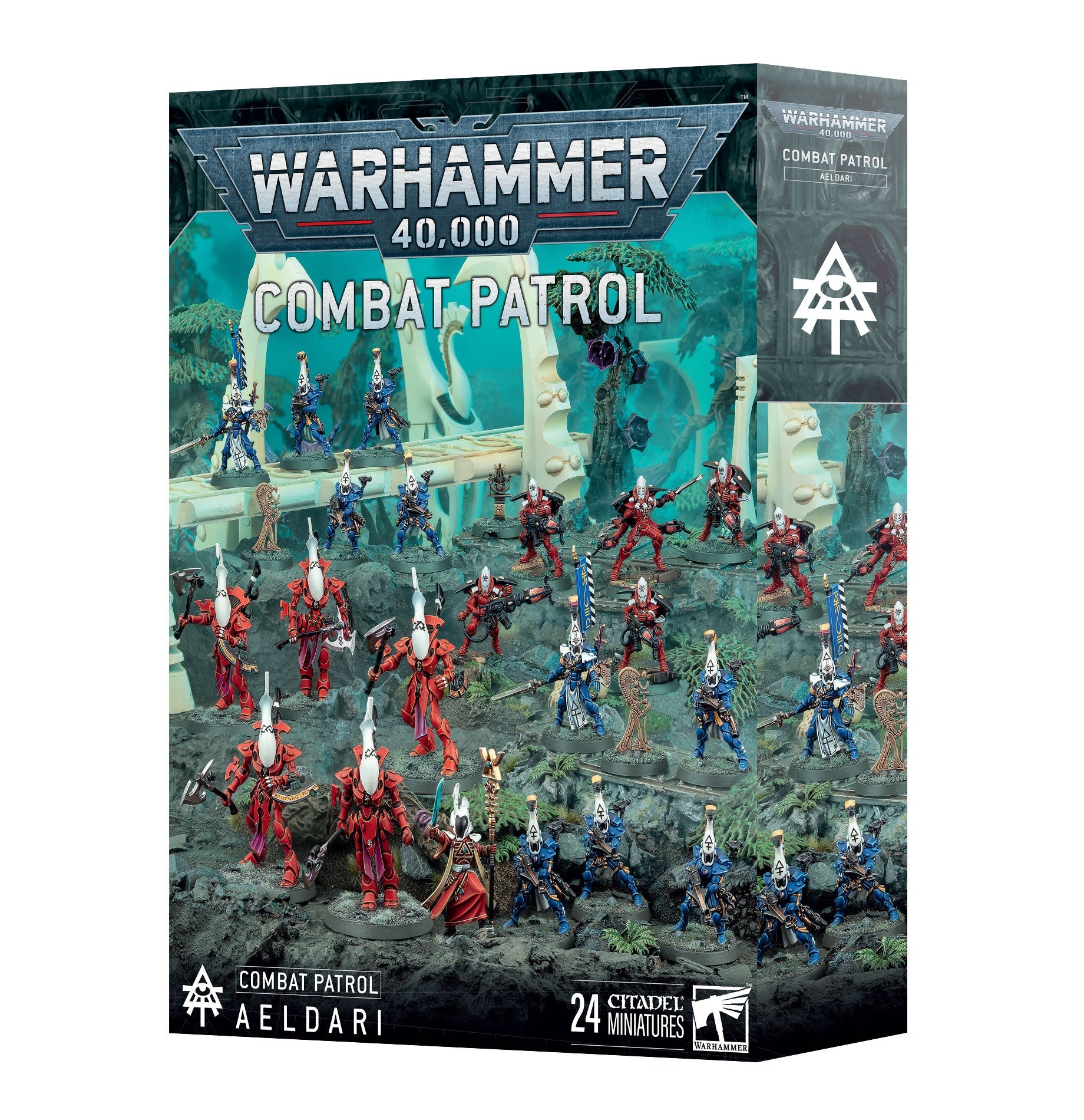 Warhammer 40,000 Combat Patrol: Aeldari miniatures box, pre-order for March 15, 2025 release.
