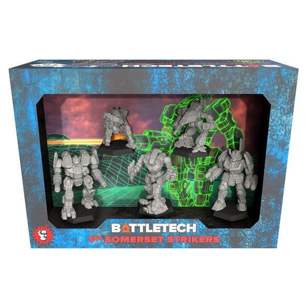 BattleTech: Mercenaries Force Pack Somerset Strikers unpainted miniatures, including Axman, Mauler, Bushwacker, Hatamoto-Chi, and Wolfhound.