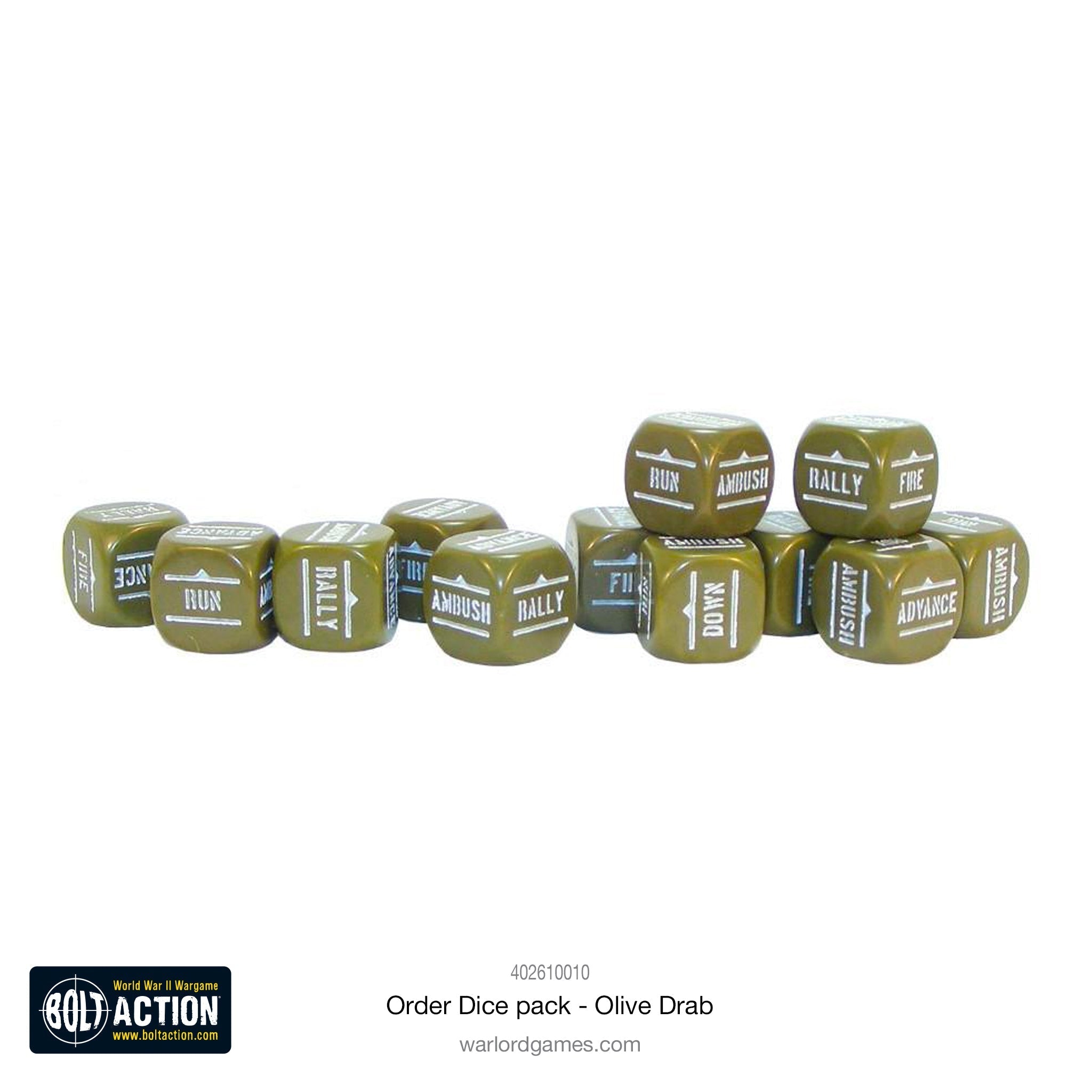 Bolt Action Orders Dice pack with 12 grey-colored dice for unit activation.