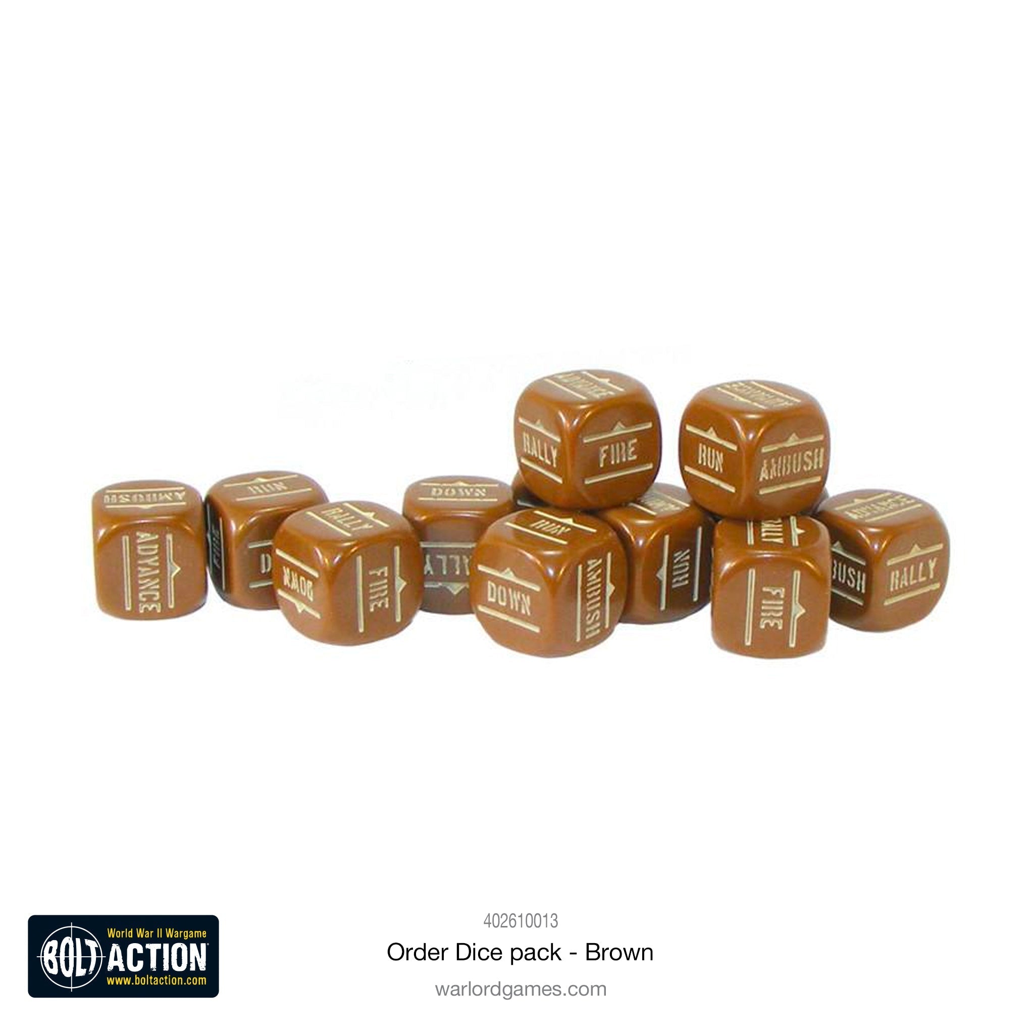 Bolt Action Orders Dice pack, 12 grey order dice.