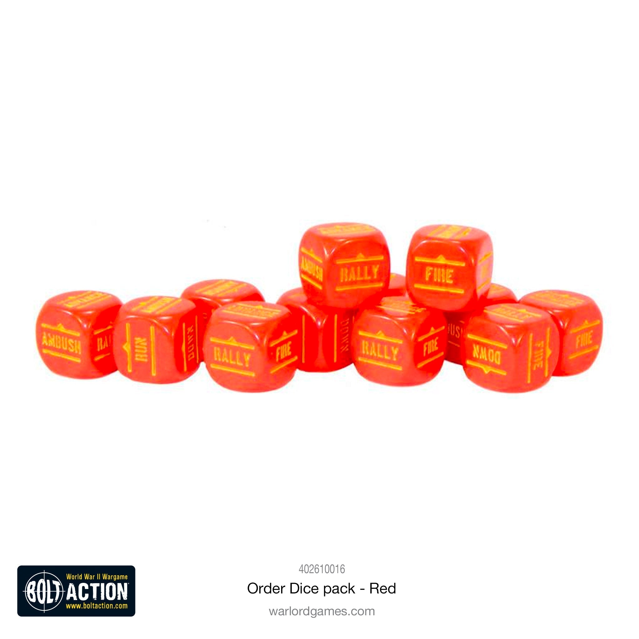 Bolt Action grey orders dice pack with 12 dice for random unit activation.