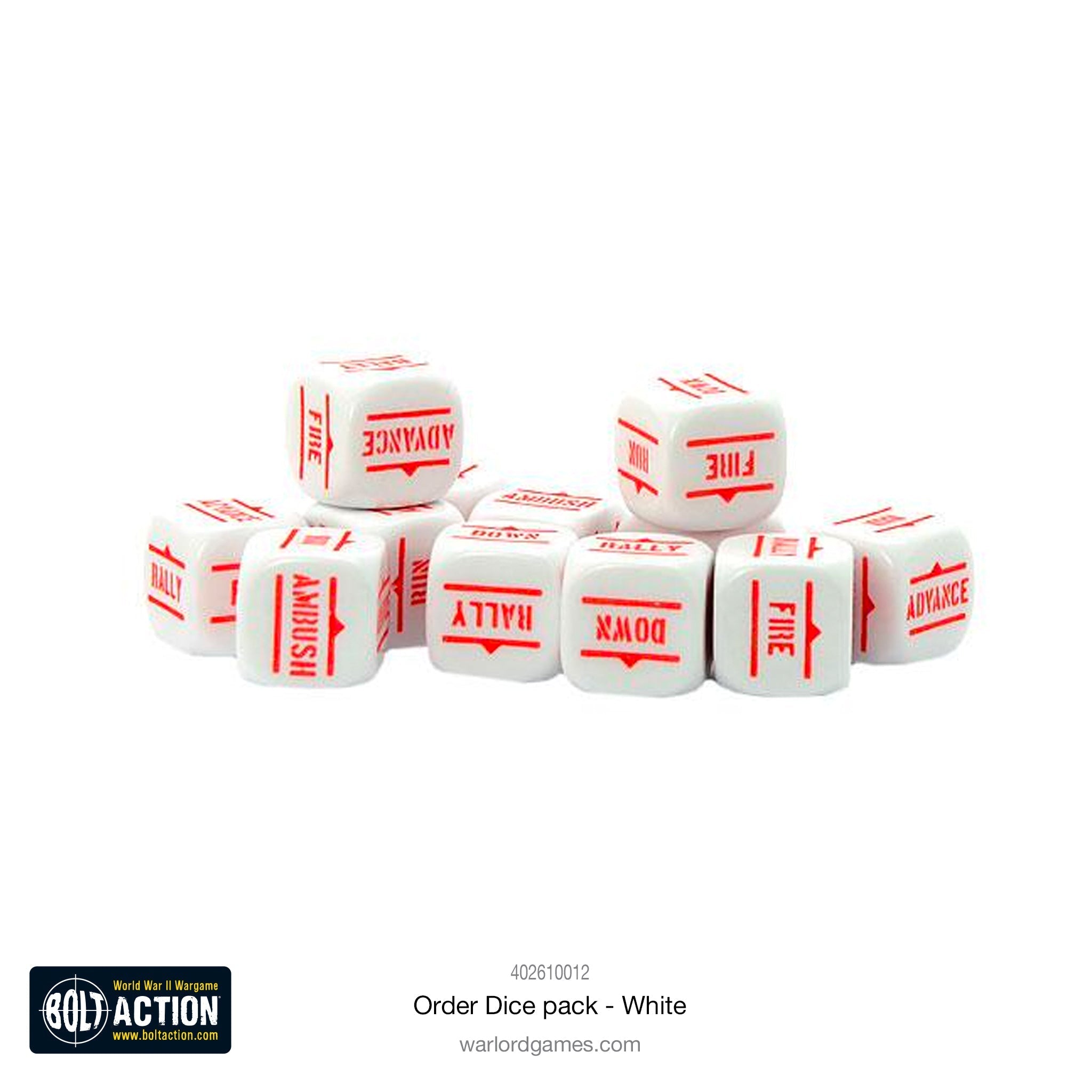 Bolt Action Orders Dice pack with 12 grey dice for unit activation.