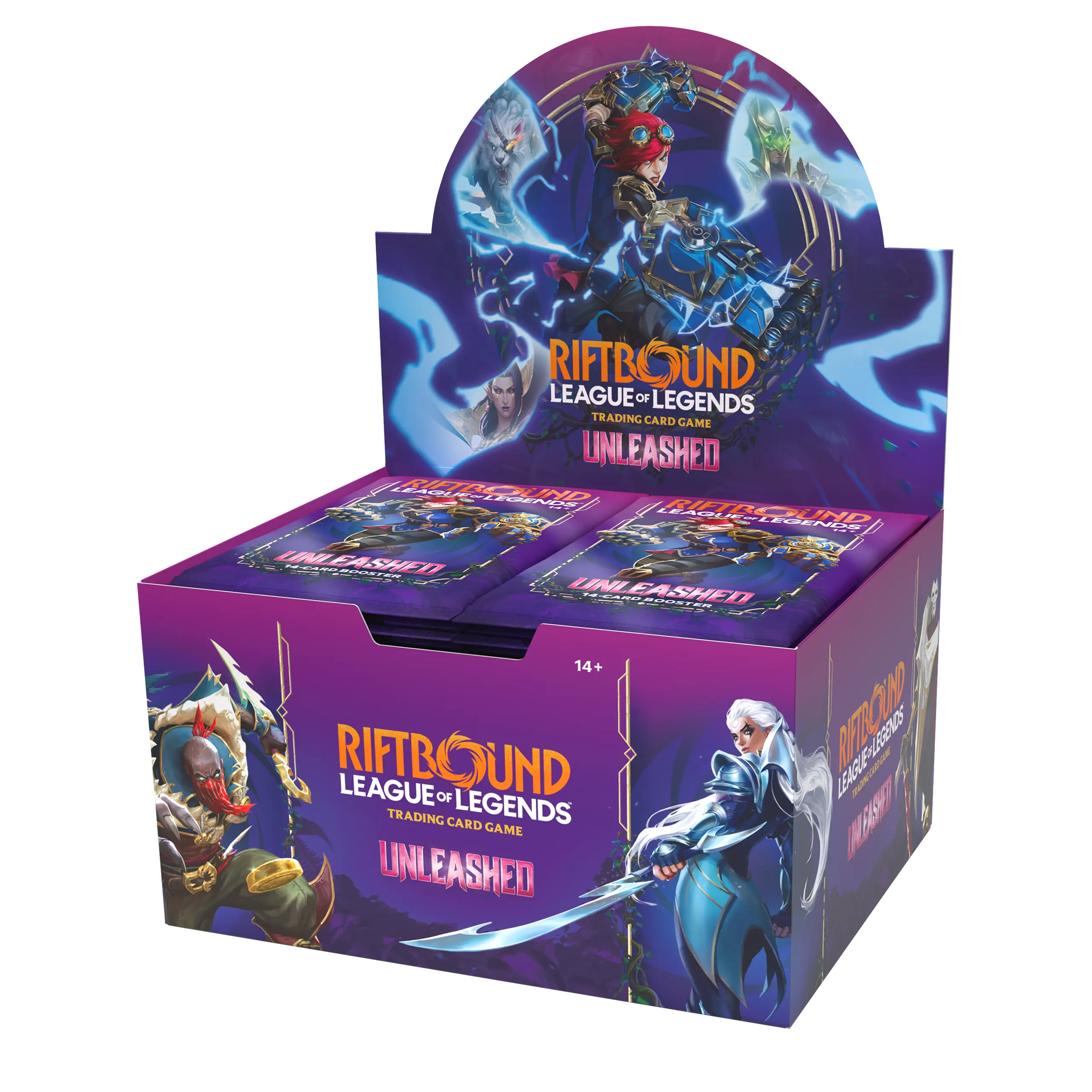 Riftbound TCG Unleashed Booster Display by Riot Games, featuring colorful card boxes stacked in a display.