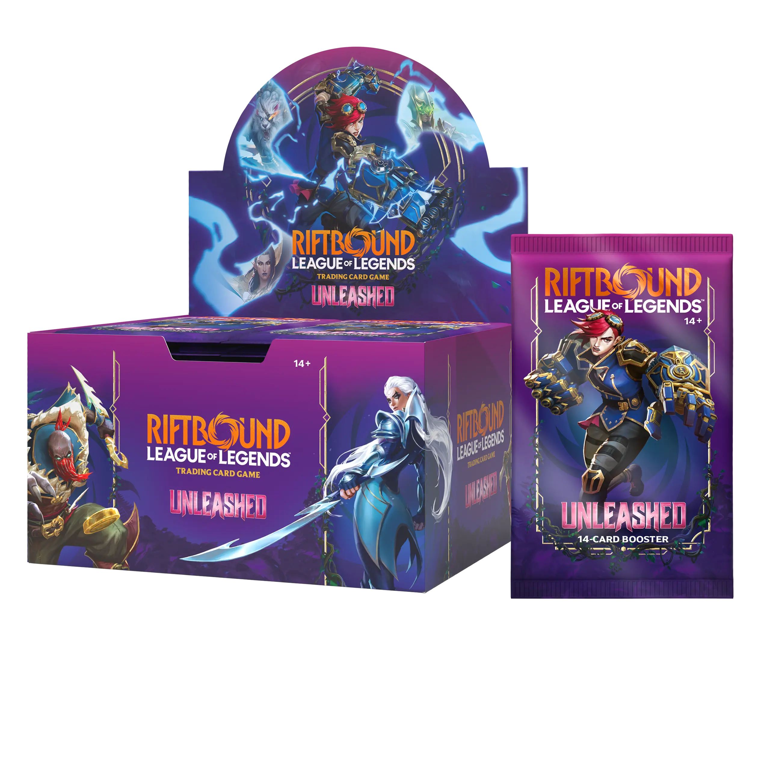 Riftbound TCG Unleashed booster display with multiple card packs from Riot Games, featuring colorful fantasy artwork.