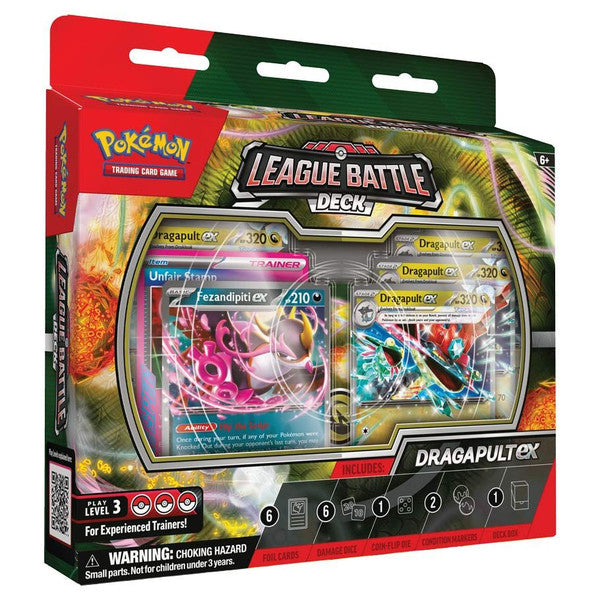 Pokémon TCG Dragapult ex League Battle Deck with cards and gaming accessories.