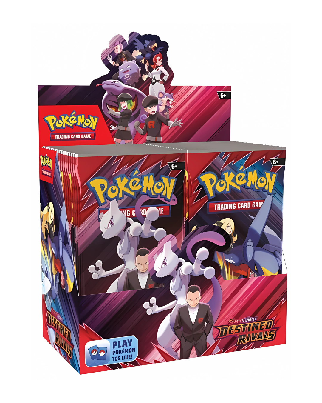 Pokémon TCG: Scarlet & Violet 10: Destined Rivals Booster Display featuring Team Rocket and Pokémon ex cards.