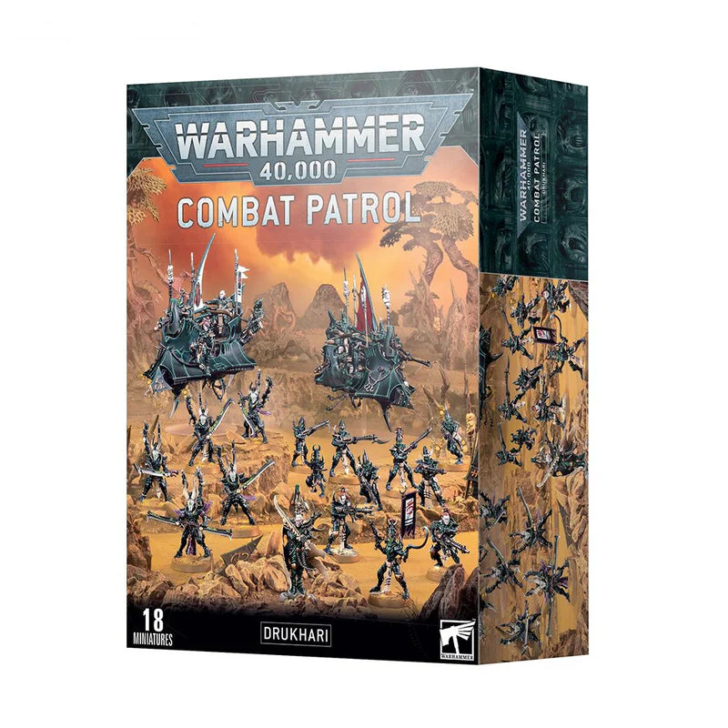 Warhammer 40,000 Combat Patrol Drukhari box set with miniatures and transfer sheet.