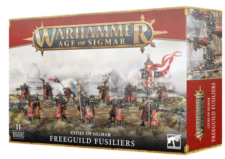 Warhammer: Age of Sigmar Freeguild Fusiliers model kit packaging.