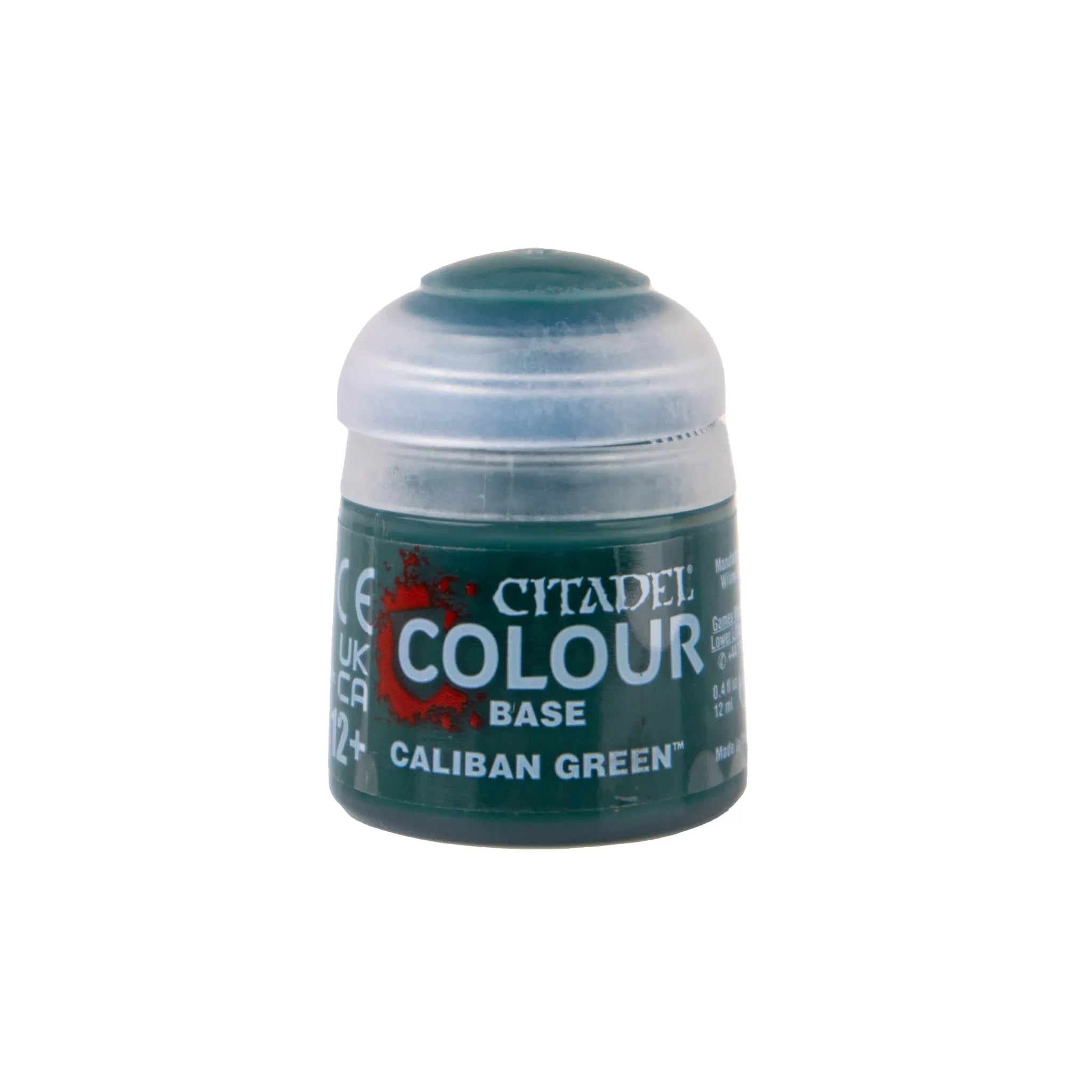 Citadel Colour Caliban Green base paint bottle, featuring vibrant green paint for model detailing and gaming miniatures.