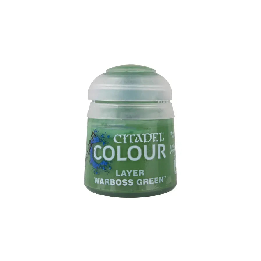 Citadel Colour Warboss Green Layer Paint bottle with label showing the vibrant green paint for Warhammer miniatures.