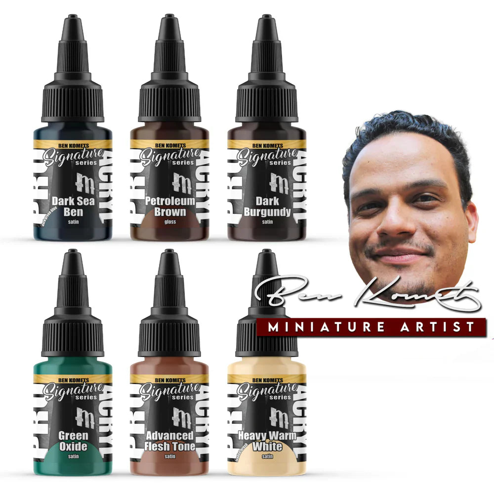 Monument Hobbies Signature Series Set 3 - Ben Komets paint collection with six vibrant colors in 22ml bottles.